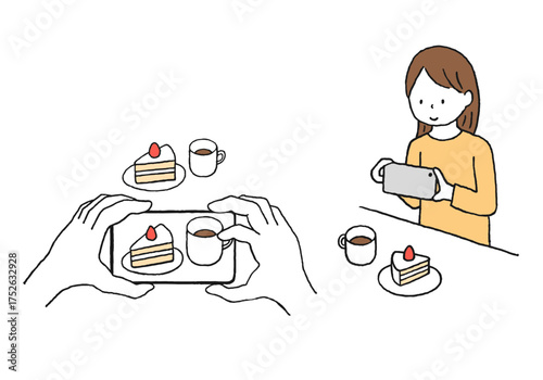 スマホでスイーツを撮影している人の手描きイラスト