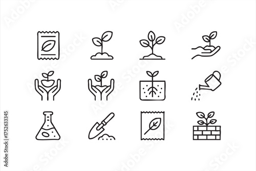Agriculture and gardening outline icon set for green and organic design projects