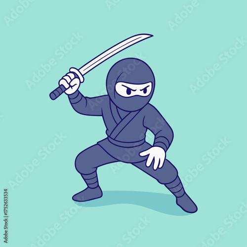 Cute cartoon ninja character holding a sword in attack pose, wearing dark outfit, isolated on light background.