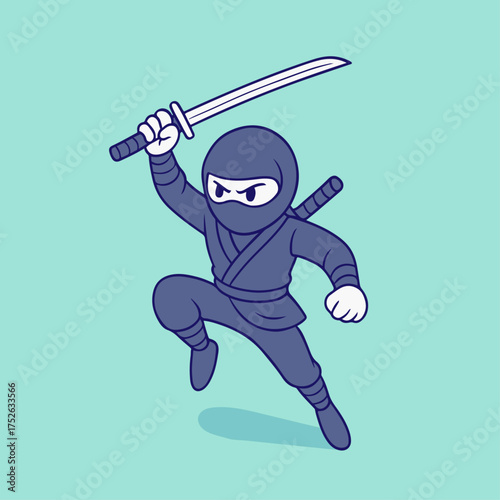 Cute cartoon ninja character holding a sword in attack pose, wearing dark outfit, isolated on light background.