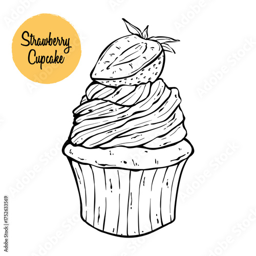 Hand Drawn Strawberry Cupcake with Cream and Fruit Topping. vintage dessert drawing is perfect for bakery branding, café menu design, pastry packaging, restaurant decoration