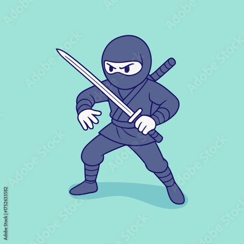 Cute cartoon ninja character holding a sword in attack pose, wearing dark outfit, isolated on light background.