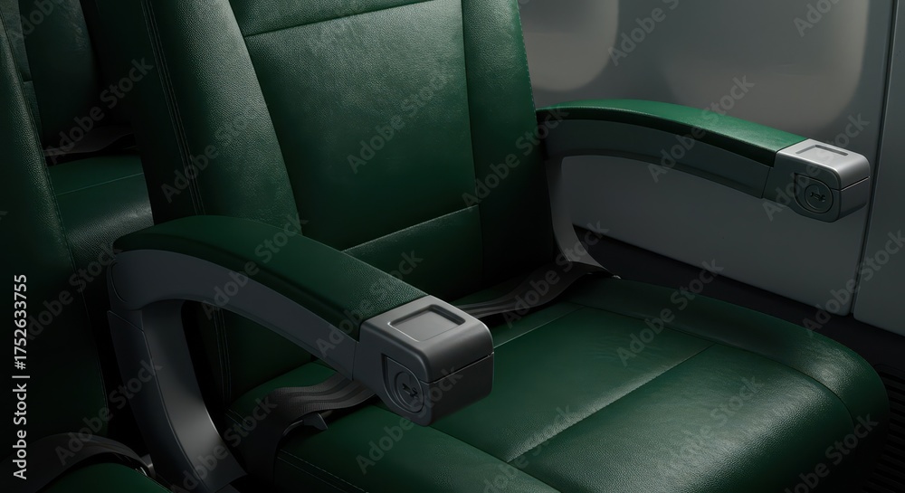 Fototapeta premium Green leather airplane seats with armrests and seatbelts.