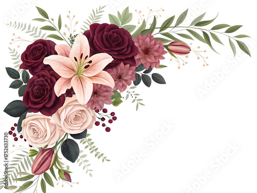 Elegant floral arrangement with burgundy and blush roses and a soft pink lily on black background