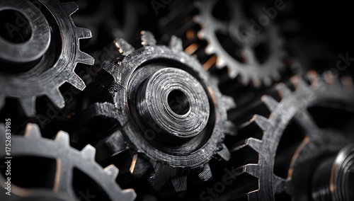 Intricate close up macro view of interlocking metal gears and cogs in a dark industrial setting with selective focus
