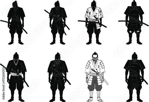 Samurai warrior vector illustration, traditional Japanese armor, katana sword poses, silhouette and detailed styles, historical fighter design, martial arts concept, battle stance