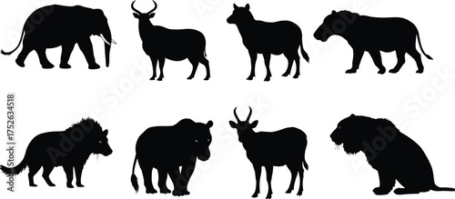 Wild animal silhouettes collection, elephant, antelope, lion, tiger, buffalo, and boar vector illustration, African safari wildlife design, black shapes