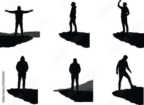 Silhouette people on rocky terrain, outdoor adventure poses, mountain cliff standing, dramatic black and white vector illustration for nature, hiking, lifestyle concepts