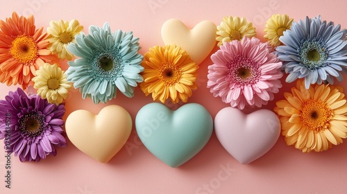 Colorful Gerbera Daisies and Heart Shapes Arrangement.