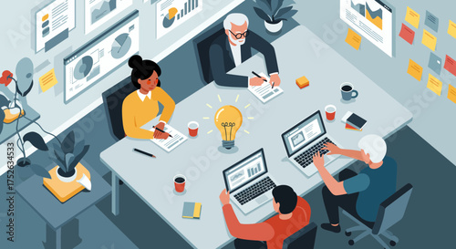 Diverse team collaborates enthusiastically around table sparking innovative ideas with glowing lightbulb symbolizing creativity and business growth