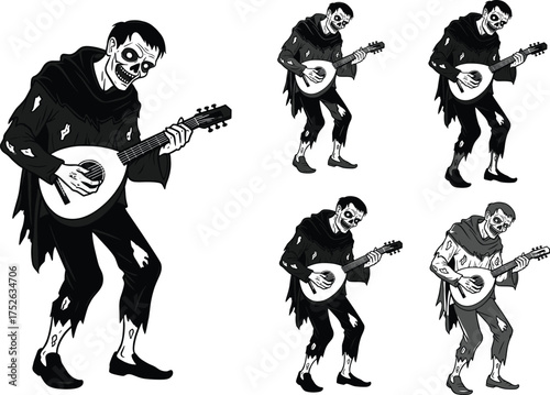 Skeleton musician playing lute, fantasy undead bard character, Halloween cartoon vector, spooky music performer, medieval costume, animated pose, digital art