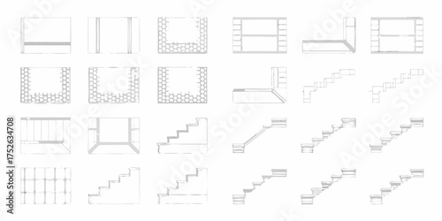 Collection of architectural elements and construction details including walls gabions shelves and various staircase designs