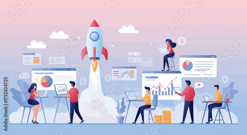 Dynamic team launching innovative project with data insights and rocket ship symbolizing startup growth and financial success