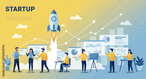Dynamic startup team launches ambitious project with rocket ascent and growth charts showcasing successful business development and innovation.