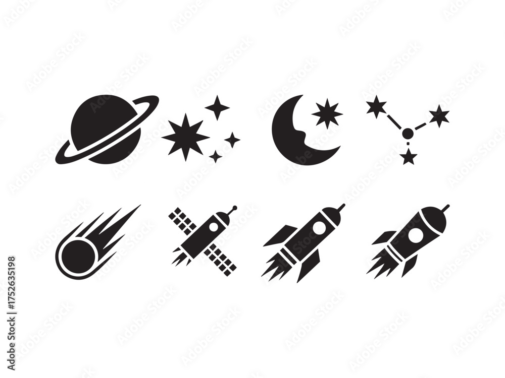 Naklejka premium Space Celestial Elements Planet Comet Stars Rocket Silhouette Design Set