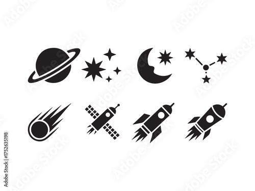 Space Celestial Elements Planet Comet Stars Rocket Silhouette Design Set