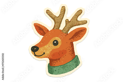 Cute reindeer head in a green scarf. Christmas torn paper sticker in naive halftone collage style. Vector vintage clay toy. Cartoon illustration for holiday festive design.