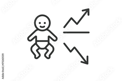 Birth rate trends analysis vector icon. Baby symbol with graphs showing population growth and decline. Fertility rate data visualization, demography statistics concept.