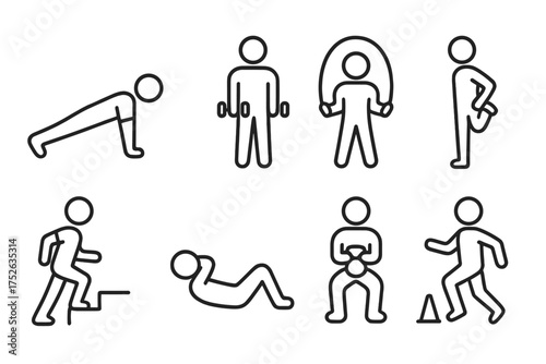 Fitness exercise icon set. Bodyweight training, home workout, gym routine line icons. Editable stroke pictogram collection for cardio, strength, stretching, core training.