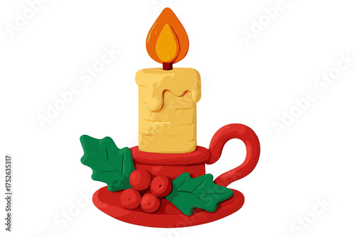 Christmas candle clay plasticine illustration. Holly berry decoration. Naive childish style 3d toy icon. Winter holiday symbol. Festive new year decorative element. Isolated vector.