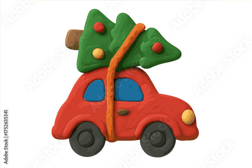Red car carrying Christmas tree on roof. Festive winter holiday vehicle. Clay plasticine toy illustration. Xmas delivery concept. Naive childish style vector graphic design element.