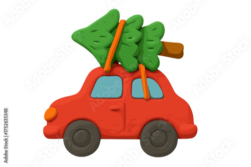 Red car carrying Christmas tree on roof. Clay 3d plasticine render. Cute cartoon vehicle transport. Winter holiday celebration, New Year decoration. Isolated childish art.
