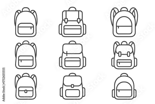 Backpack line icon set. Schoolbag and rucksack outline vector symbols. Editable stroke for travel, school, student, and hiking gear. Isolated cartoon graphic collection.
