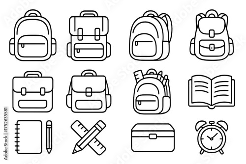 Backpack schoolbag line icon collection. Back to school education supplies. Book, pencil, ruler, clock vector icons. Editable stroke for web, app design. Simple isolated symbols.