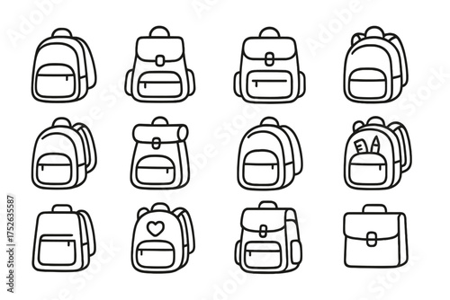 Backpack line icon set. Simple schoolbag and rucksack outline symbols. Back to school concept. Education, travel, and luggage vector illustration collection with editable stroke.
