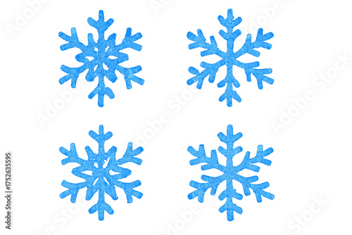 Set of blue snowflakes isolated on transparent background. Winter holiday design element. Vector illustration for Christmas or New Year. Cold weather frost symbol. Ice crystal icon pack.