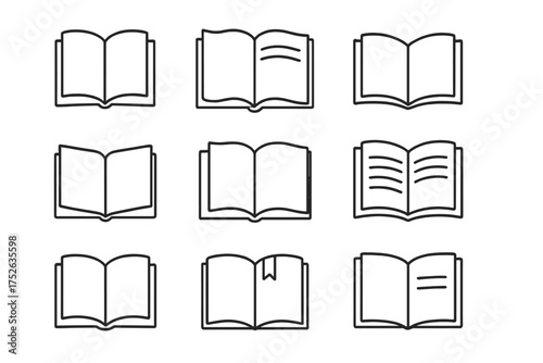 Book line icon pack. Open books, notebook, and textbook symbols for education, reading, and learning concepts. Minimal vector illustration for library, school, or ebook app logo.