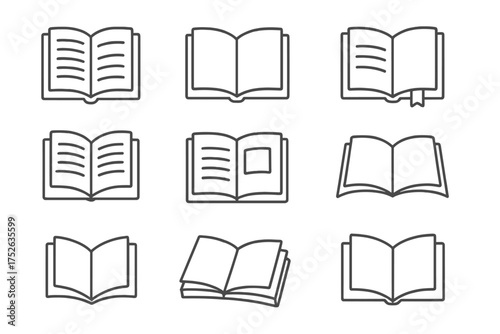 Book icon set. Simple line art collection for education, knowledge, reading. Vector symbols for library, learning. Outline pictogram for UI, web, apps. Editable stroke.