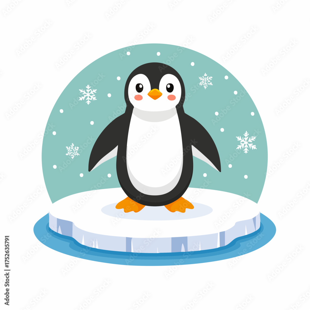 Obraz premium Flat vector of a penguin standing on ice with a snowy background, cartoonish style, simple and clean lines