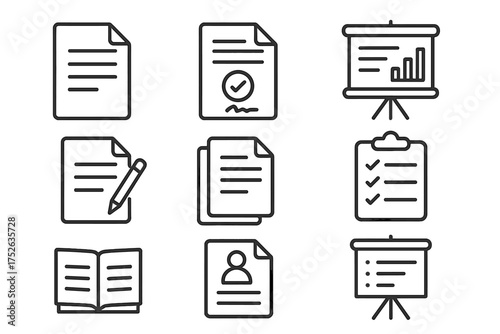 Business documents and presentation line icon set. Agreement, contract, report, checklist, resume symbols. Editable stroke vector for office, and corporate identity.