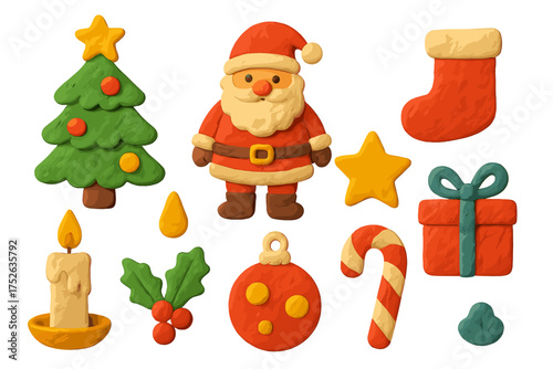 Clay Christmas elements set. 3D plasticine Santa, tree, gift, ornament. Naive handmade style winter holiday icons. Isolated cartoon vector illustration collection for design.