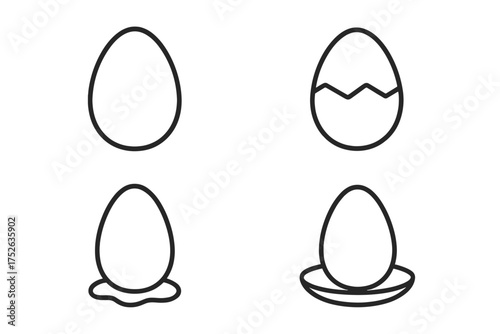 Egg icon set thin line vector illustration. Cracked egg, fried egg, egg in cup. Food concept for breakfast, cooking ingredient, healthy nutrition, Easter holiday design.