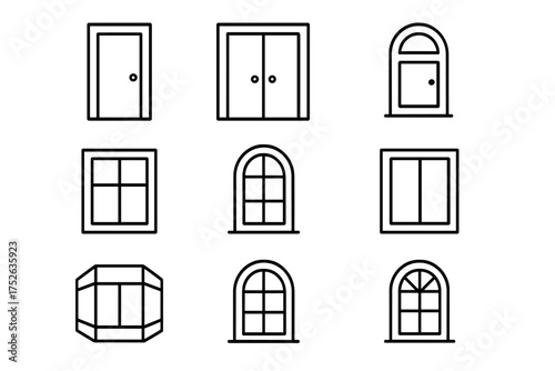 Simple line icon set of doors and windows for architecture and building design. Vector graphic elements for web, app, ui, ux. House exterior objects collection.