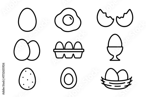 Egg line icon set. Fried, boiled, and broken eggs, plus carton, cup, and nest symbols. Simple food pictogram collection. Vector outline illustration with editable stroke.