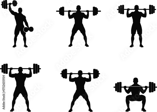 Weightlifting silhouette vector illustration, barbell and dumbbell poses, strength training concept, black and white fitness art, gym workout design, power exercise