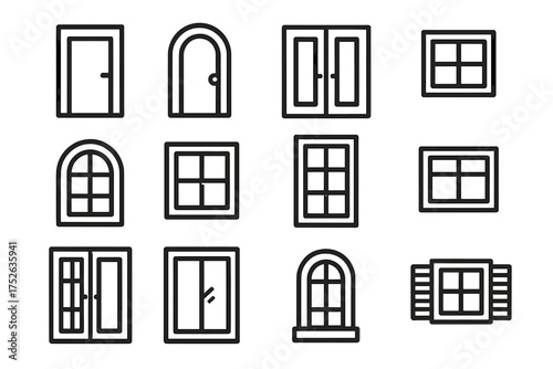 Door and window line icon set. Vector collection of building exterior elements. Simple outline symbols for architecture, web design, apps. House facade graphics isolated.