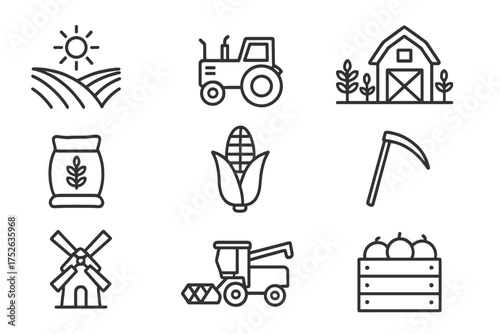 Agriculture and farming line icon set. Harvest symbols collection. Tractor, barn, windmill, field, corn, harvester. Rural life vector icons with editable stroke.