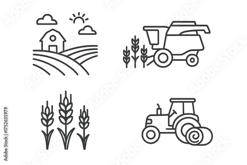 Agriculture and farming line icon set. Farmhouse, fields, combine harvester, tractor with hay bale, and wheat crop. Rural harvest concept. Editable stroke vector illustrations.