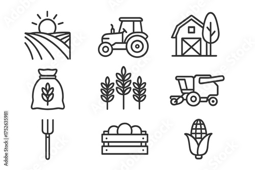 Agriculture and farm line icon set. Harvest symbols. Tractor, barn, field, wheat, corn, combine harvester, pitchfork outline icons for infographics. Rural vector signs.