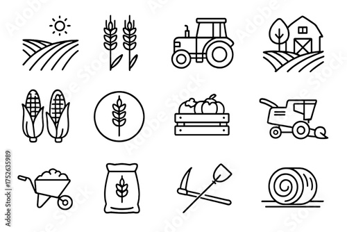 Agriculture and farming line icon set. Farm harvest collection with field, tractor, combine, wheat, corn, hay bale. Vector outline symbols for rural and organic concepts.