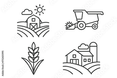 Agriculture and farming line icon set. Farm landscape with barn, silo, combine harvester, and wheat crop. Rural harvest concept. Editable stroke vector icons for agribusiness.