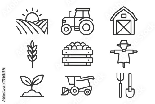 Agriculture and farm life line icon set. Vector outline symbols of harvest, tractor, barn, wheat, crop, field, and harvester. Perfect for organic farming and food concepts.