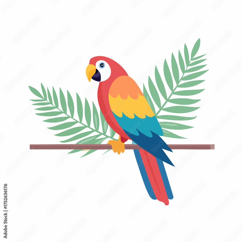 Obraz premium A flat vector illustration of a colorful parrot perched on a tropical branch, minimal background, clean lines, bright colors