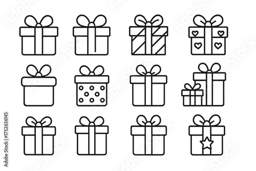 Gift box line icon set. Present package with ribbon bow symbol collection. Surprise for birthday, Christmas, holiday. Editable stroke vector pictogram for web and apps.