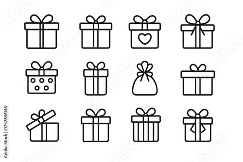 Gift box line icon set. Simple present vector symbols for celebration, birthday, Christmas. Minimalist package pictogram outline collection with editable stroke for design.