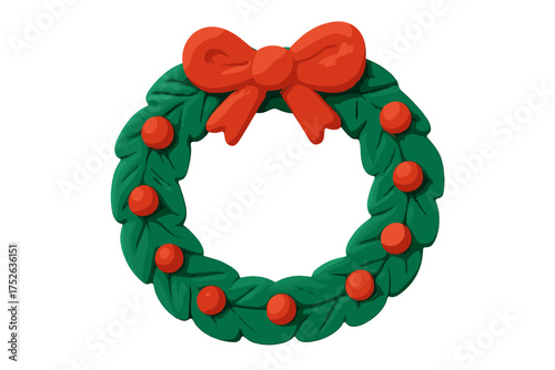Christmas wreath clay 3d icon. Festive plasticine holiday decoration. Handmade naive childish style winter symbol with red bow and berries. Vector cartoon illustration.